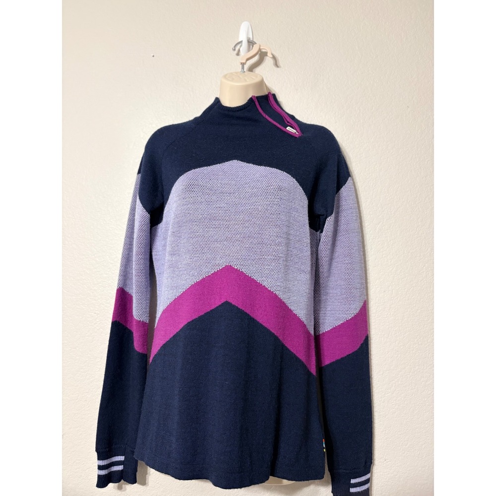 Smartwool Merino Wool Colorblock Chevron Mock Neck Zip Sweater Navy Purple L